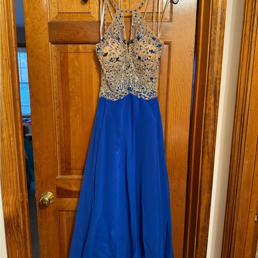 Cinderella Silver and Blue Embellished Gown with Halter Neckline